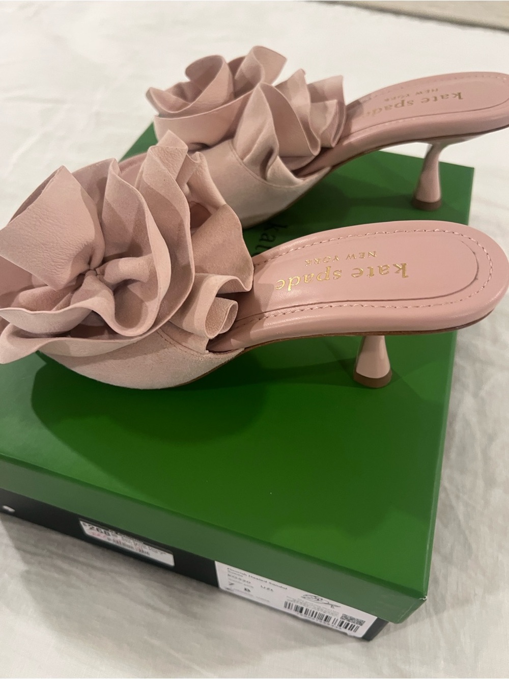 kate spade Powder Pink Ruffle Kitten Heel Mules